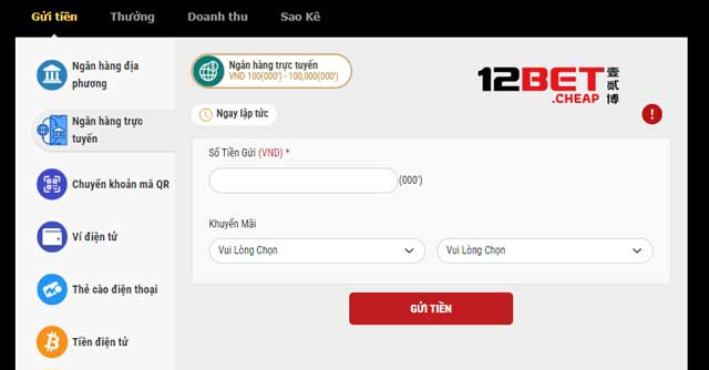 Cách chuyển tiền vào 12Bet qua ngân hàng trực tuyến dễ dàng