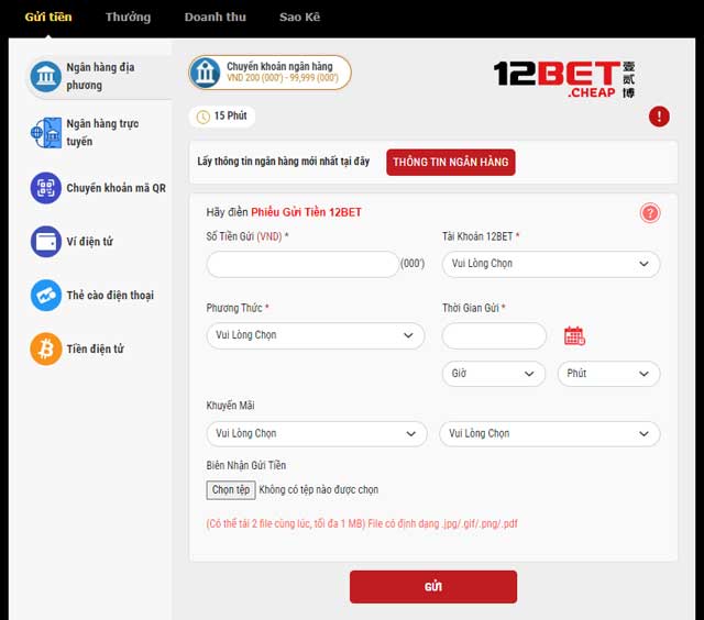 Chi tiết cách gửi tiền 12Bet qua ngân hàng địa phương