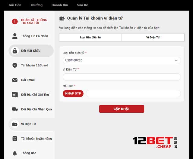 Hướng dẫn nhanh gọn cách nạp tiền 12Bet qua tiền điện tử